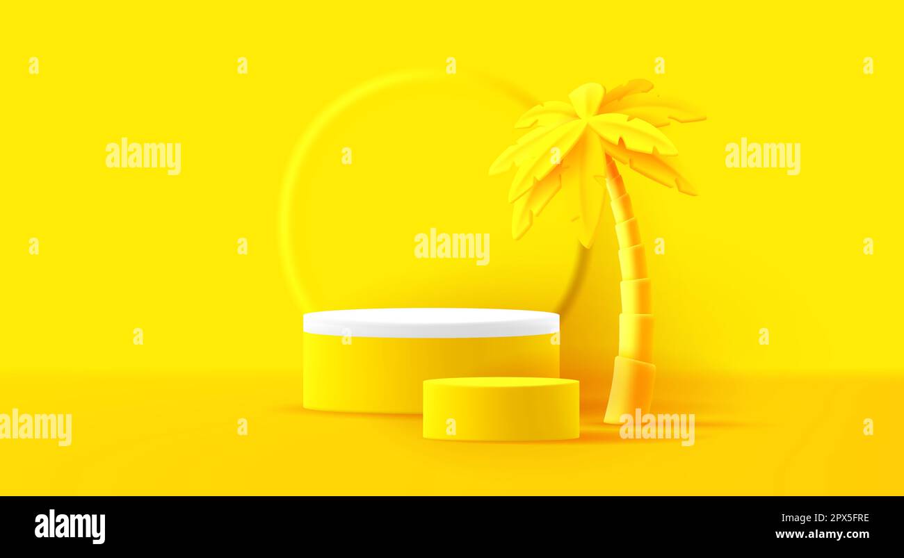 3D palcoscenico culinder podio mockup con palma, luminoso giallo sole monocromo composizione, posizionamento del prodotto Illustrazione Vettoriale
