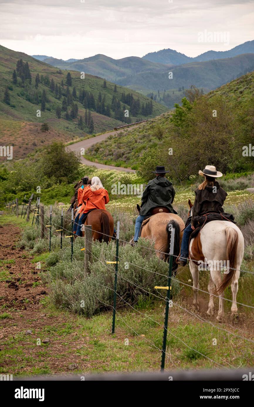 Le donne cavalcano i cavalli lungo un sentiero vicino al Sun Mountain Lodge a Winthrop, Washington, USA. Foto Stock