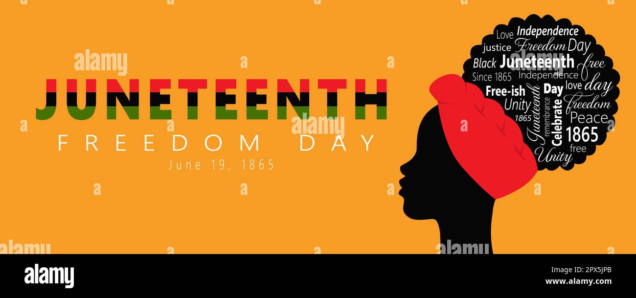 Giugno Giornata della libertà. Banner orizzontale con silhouette nera di Donna e parole che simboleggiano la storia e il patrimonio afro-americano, spoletta nazionale Illustrazione Vettoriale