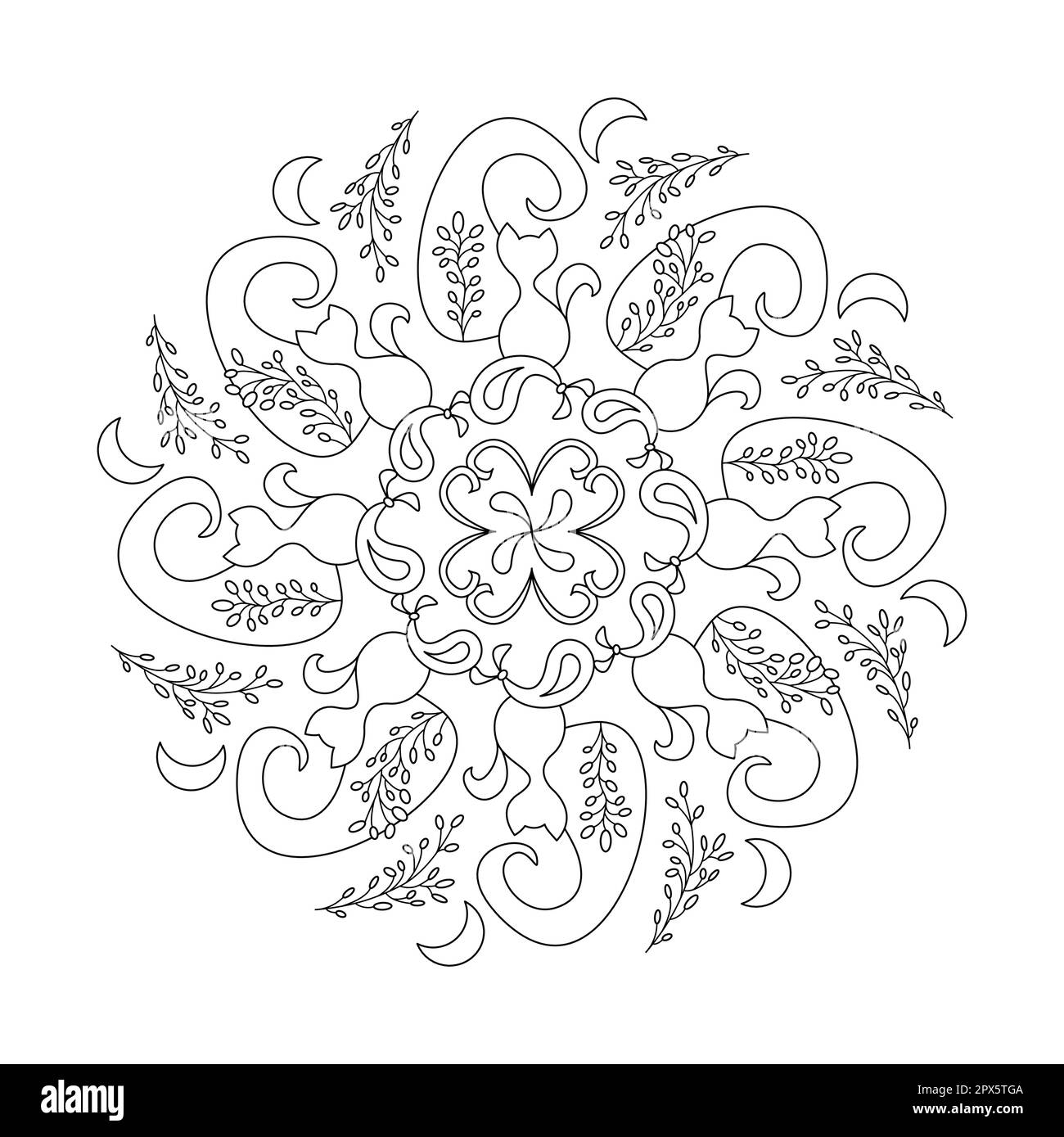 Gatto Mandala con luna e lavanda. Pagina da colorare. Illustrazione vettoriale. Illustrazione Vettoriale