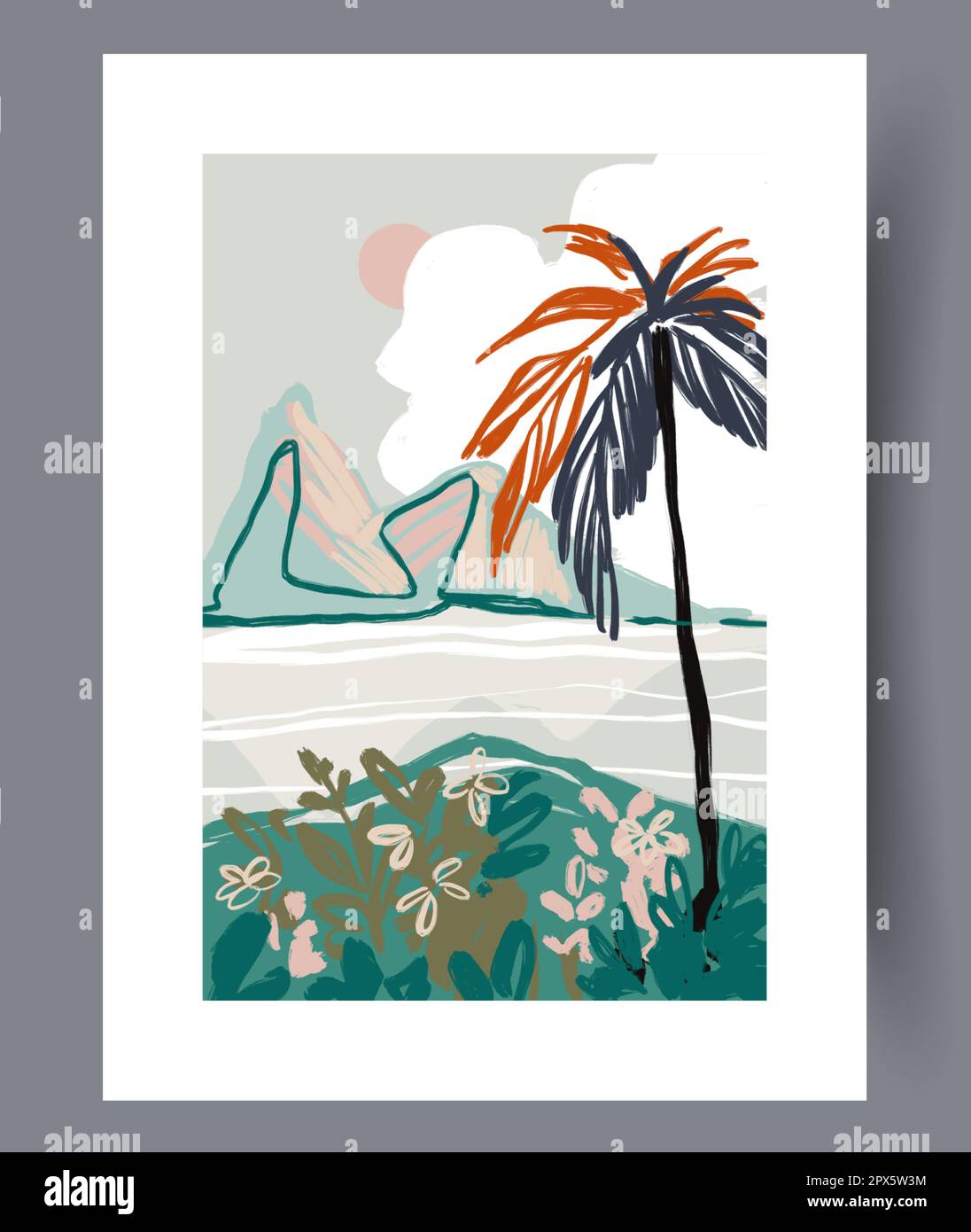 Paesaggio spiaggia palma mare parete arte stampa Illustrazione Vettoriale