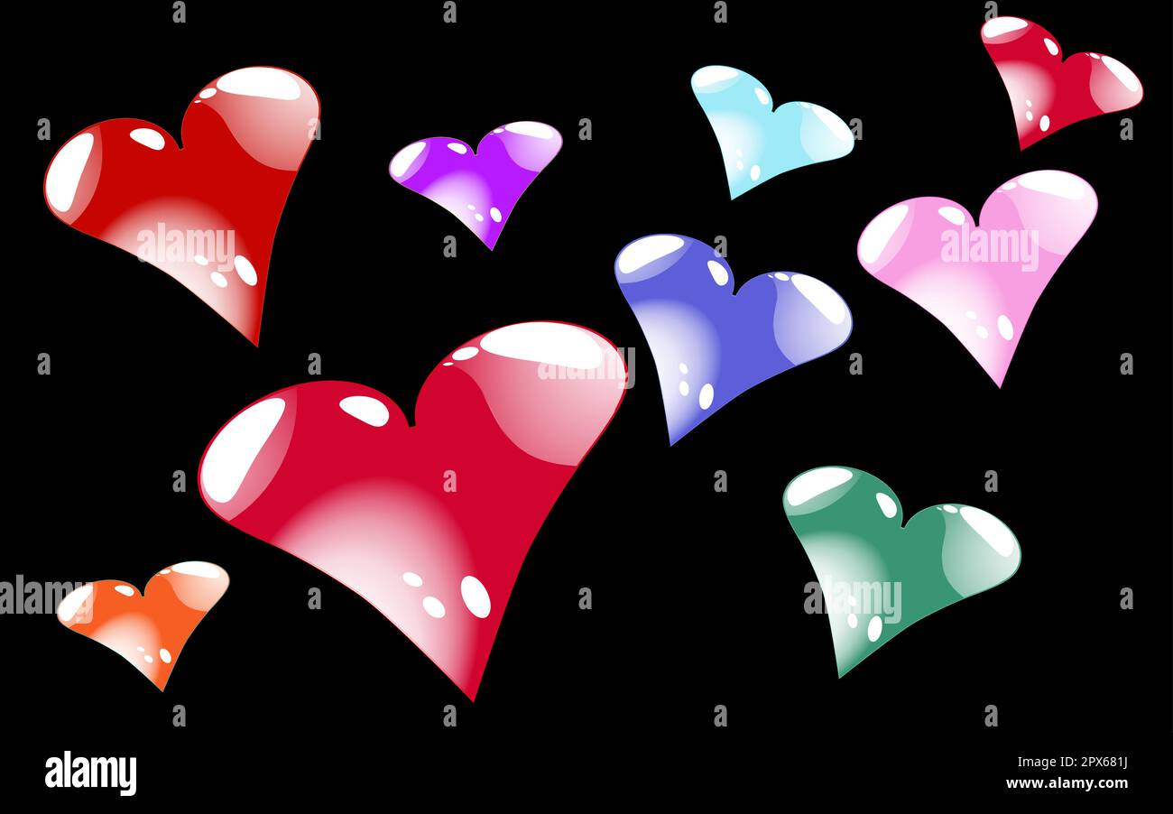 Molti multicolori, luminosi, cuori di mottoli con belle luci bianche e riflessi al giorno di San San Valentino su sfondo nero. Vettore ill Illustrazione Vettoriale