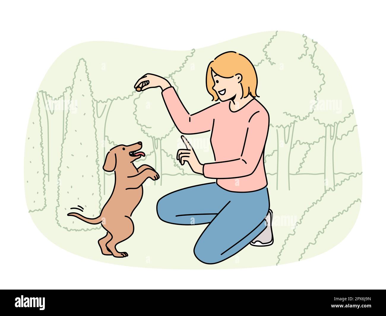 Donna sorridente che gioca con il cucciolo nel parco. Ragazza felice hanno divertimento imparare i comandi con il cane carino nella foresta. Illustrazione vettoriale. Illustrazione Vettoriale