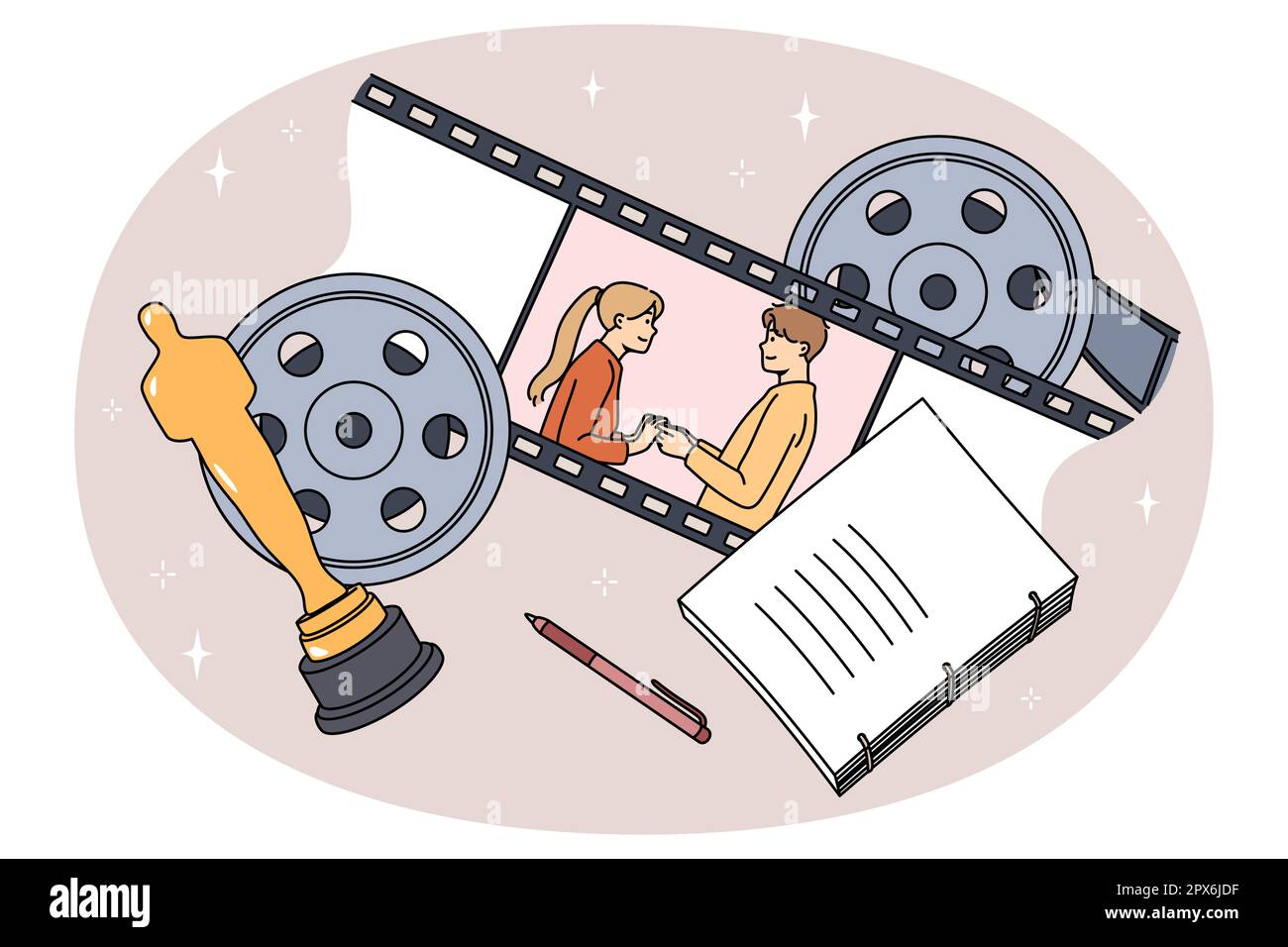 Film personaggi uomo e donna in sceneggiatura romantica. Storia d'amore nel cinema. Film script, strip e Oscar premio per la migliore cinematografia. Concetto di intrattenimento. Illustrazione vettoriale. Illustrazione Vettoriale