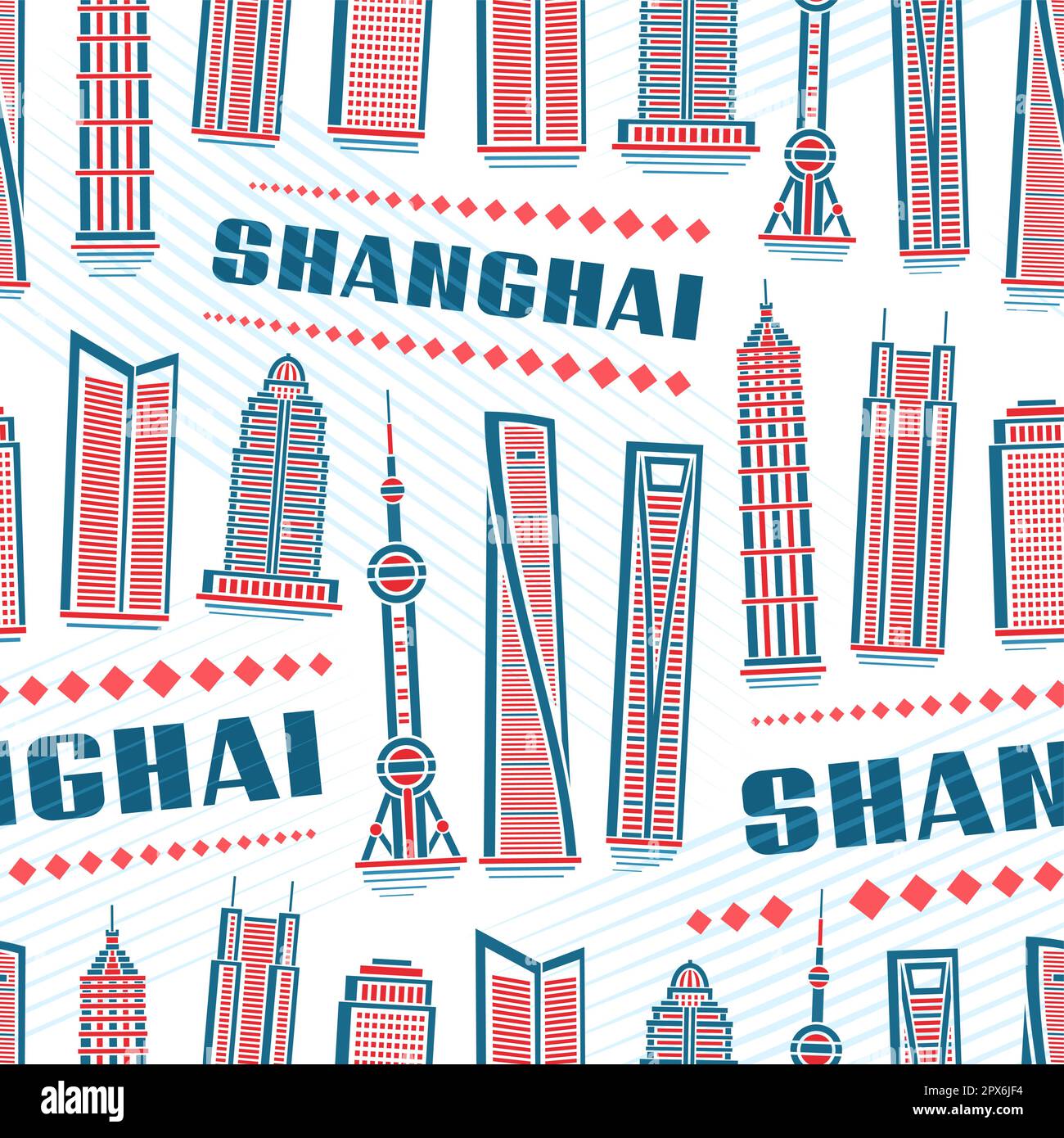 Vector Shanghai Seamless Pattern, sfondo ripetuto con illustrazione del paesaggio asiatico della città di Shanghai su sfondo bianco per carta da imballaggio, decorati Illustrazione Vettoriale