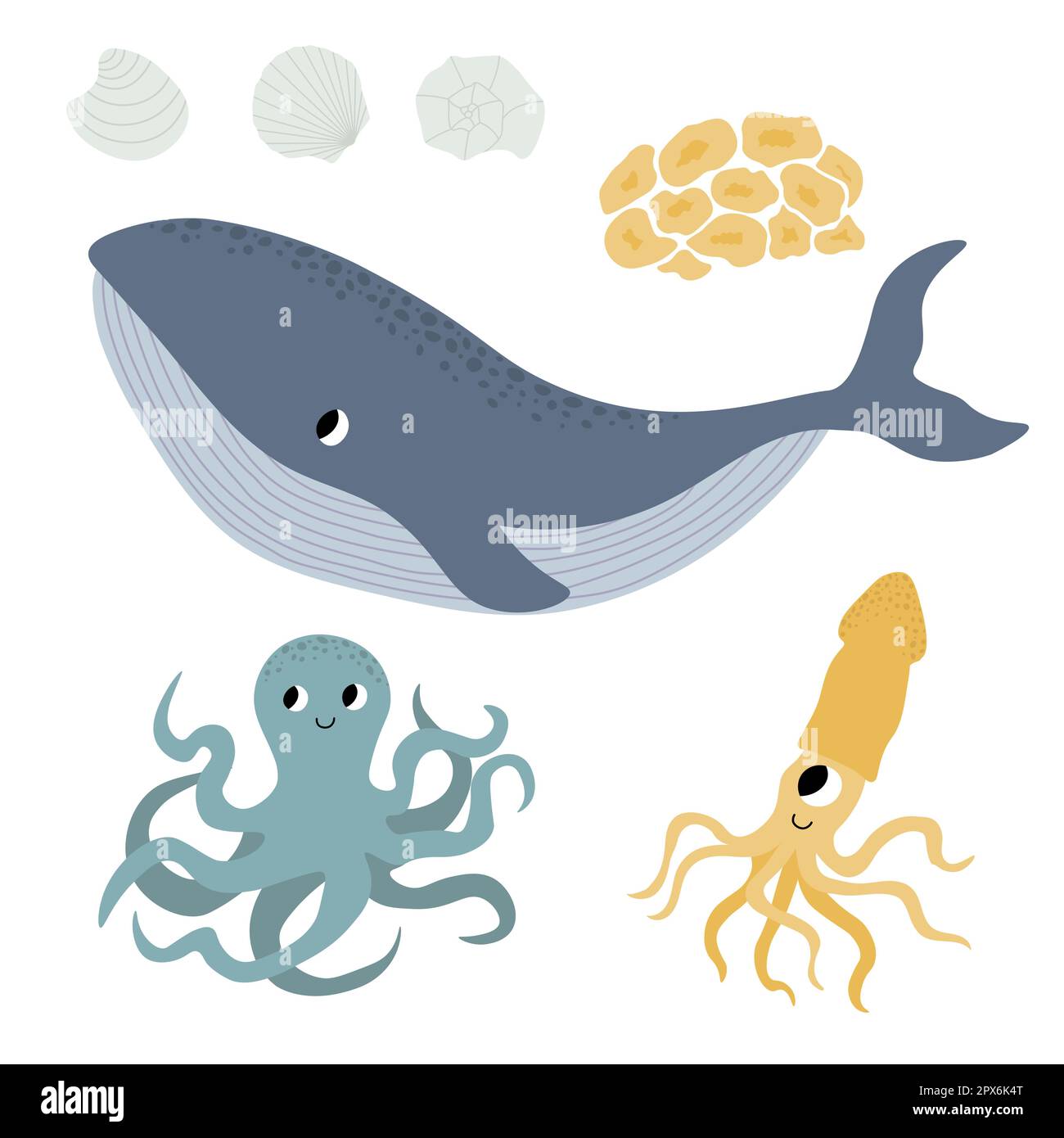 Carino vettore oceano set con balena killer, polpo, conchiglie, coralli.Underwater cartone animato creature.Animali marini.cute illustrazione per tessuto Illustrazione Vettoriale