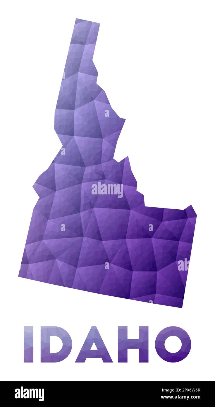 Mappa dell'Idaho. Illustrazione in basso poli dello stato degli Stati Uniti. Design geometrico viola. Illustrazione del vettore poligonale. Illustrazione Vettoriale