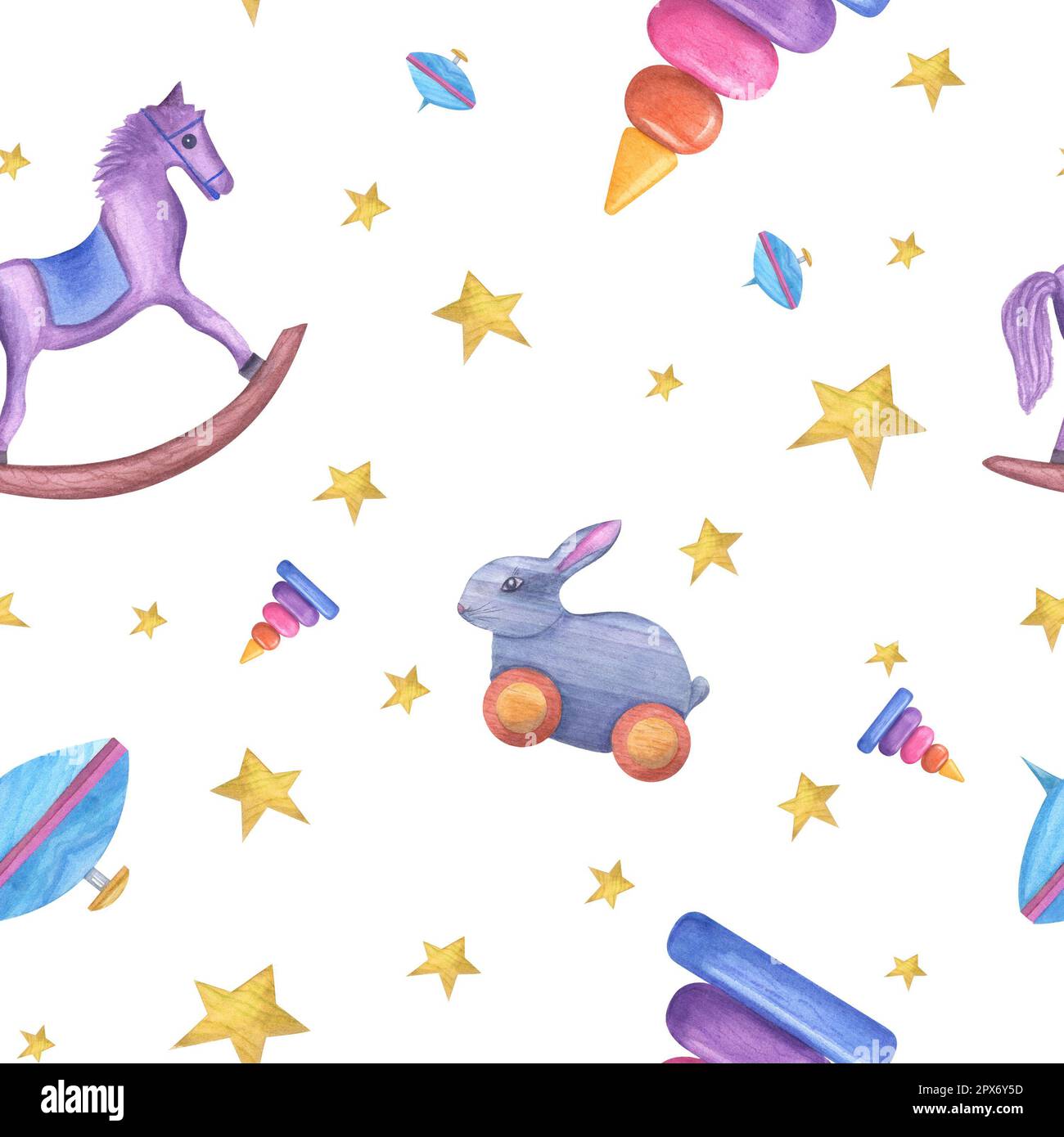 Acquerello modello senza cuciture di giocattoli di legno di capretto isolato su sfondo bianco. Carino illustrazione con hobbyhorse, piramide, coniglio per bambini stampa Foto Stock