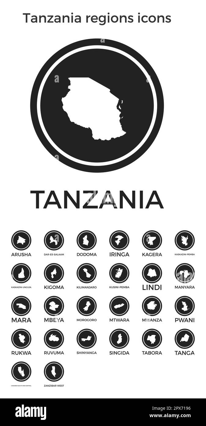 Icone delle regioni della Tanzania. Logo tondi neri con mappe e titoli delle regioni dei paesi. Illustrazione vettoriale. Illustrazione Vettoriale