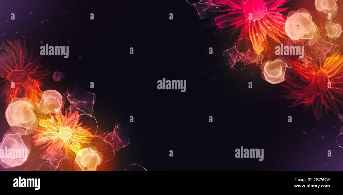 Fantastico banner con spazio copia per festival e passione concept, alcool inchiostro arte fiori incandescenti e bolle su sfondo di colore scuro, acqua, fluore Foto Stock