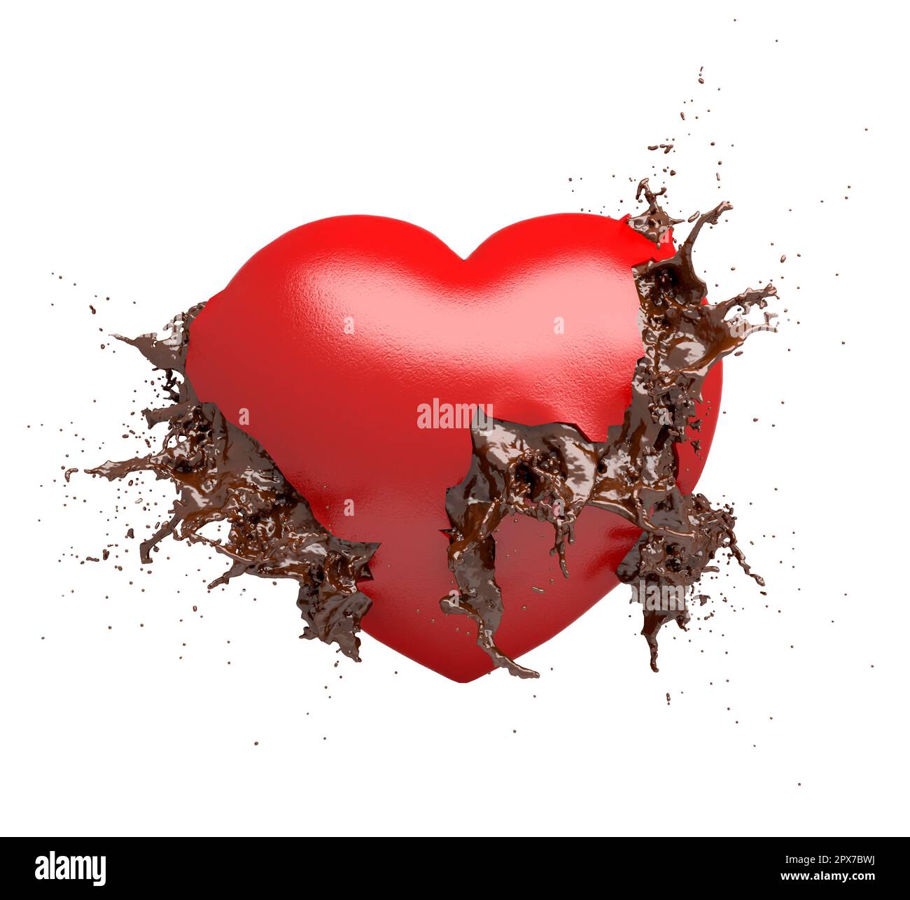 Il cioccolato esplose fuori dalla forma del cuore isolato - rendering 3D Foto Stock