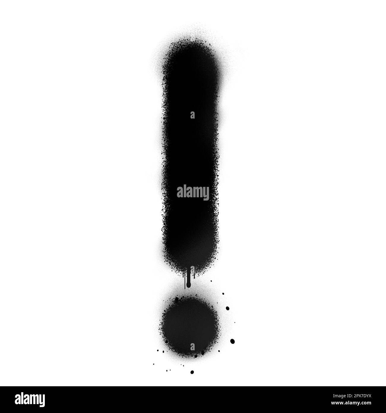 Punto esclamativo disegnato da vernice spray nera su sfondo bianco Foto Stock