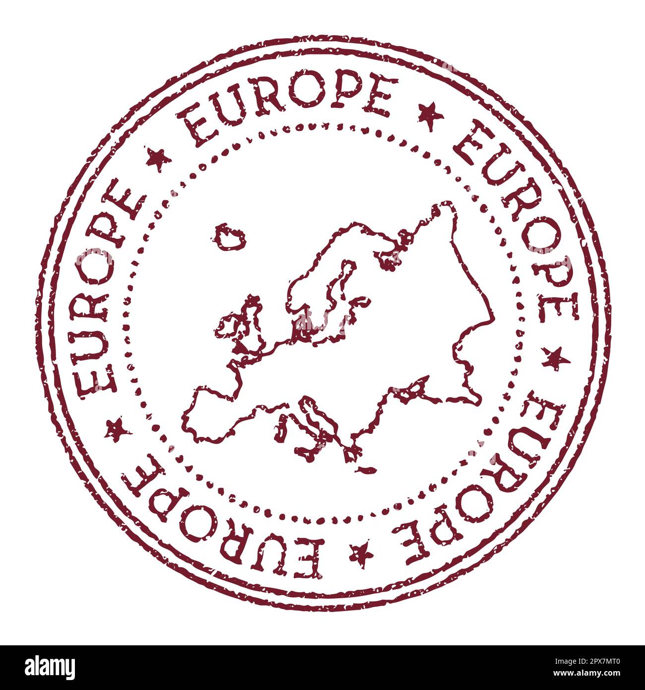 Bollo di gomma rotondo europeo con mappa del continente. Timbro passaporto rosso vintage con testo circolare e stelle, illustrazione vettoriale. Illustrazione Vettoriale