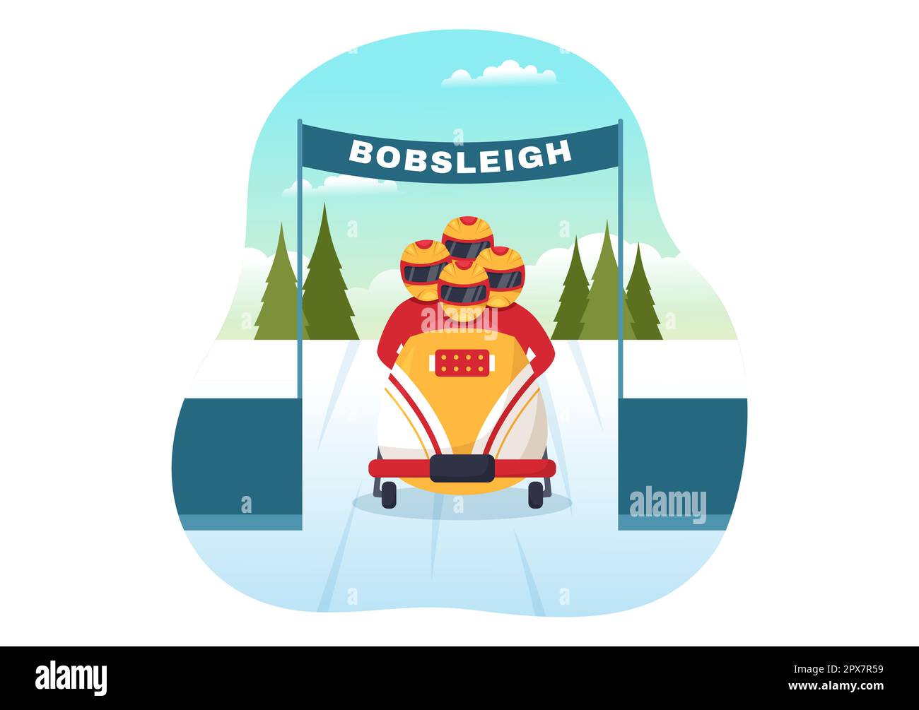 Atleta Equitazione slitta Bobsleigh Illustrazione con neve, ghiaccio e pista Bobsled per la concorrenza in attività di sport invernali Flat Cartoon modelli disegnati a mano Foto Stock