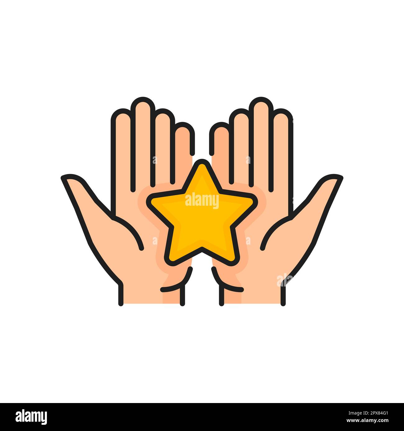 Stella d'oro in mani icona, valutazione di qualità vettoriale. Verifica della soddisfazione del cliente e feedback del cliente sul simbolo della linea a colori del livello di qualità del prodotto o del servizio Illustrazione Vettoriale