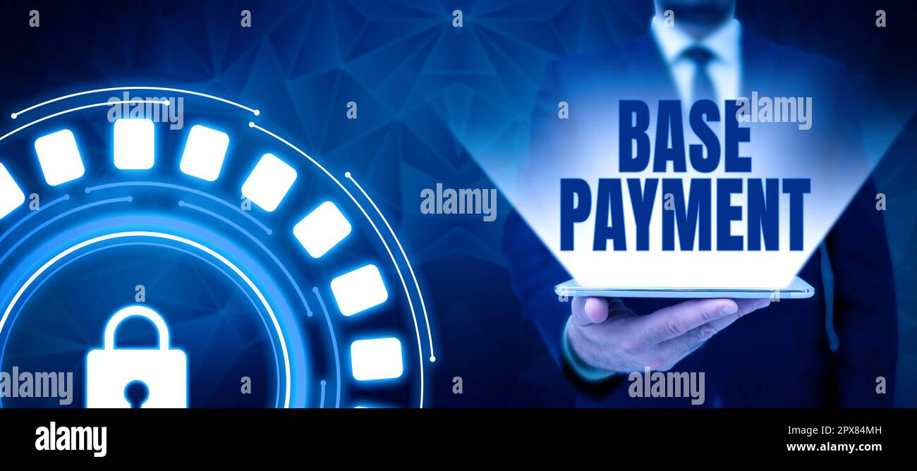 Scrittura che visualizza il testo pagamento base, Word scritto sull'importo della retribuzione per un periodo di lavoro standard, una commessa o una posizione Foto Stock