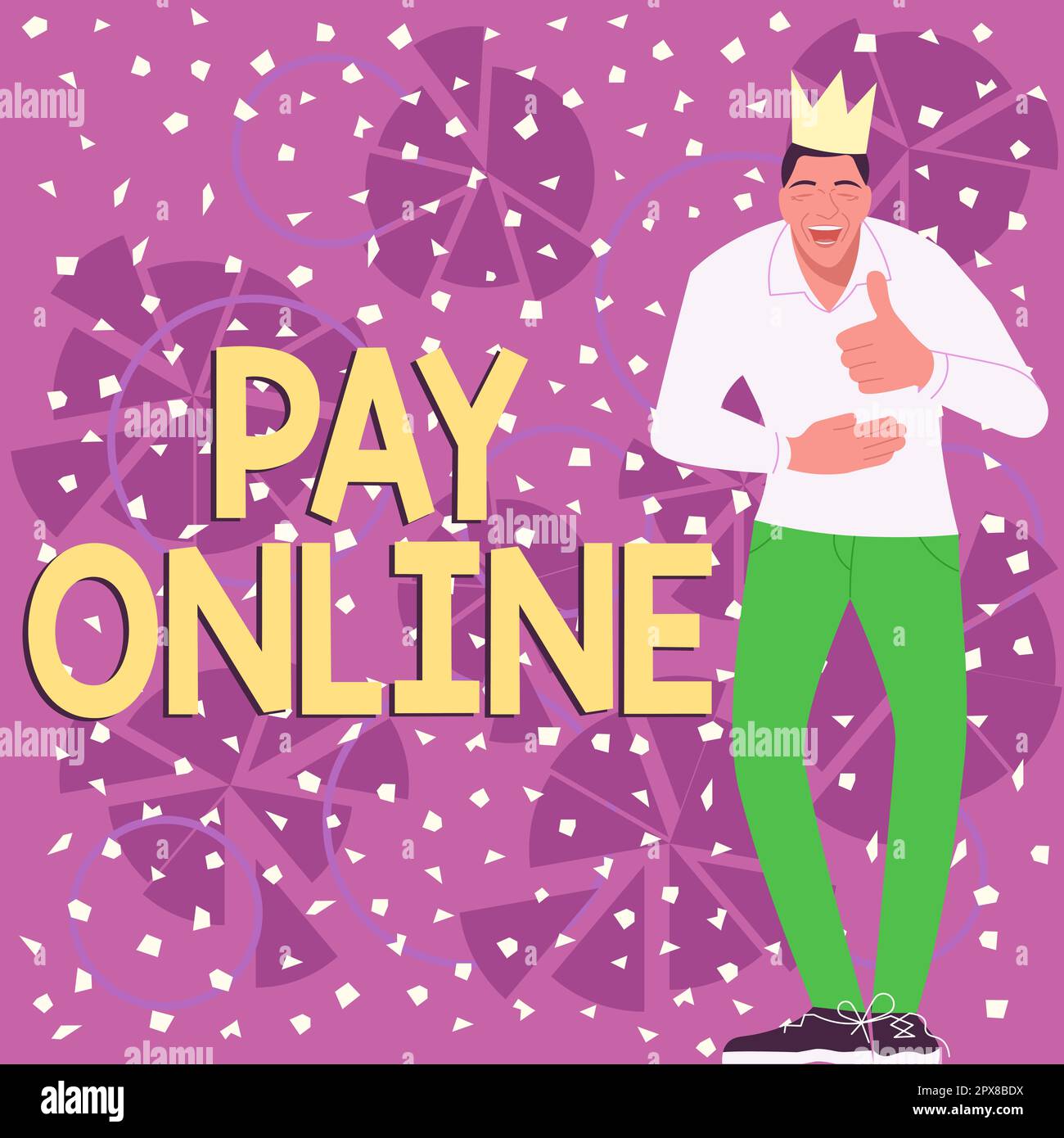 Scrittura che visualizza il testo paga in linea, il concetto del Internet compra i prodotti o il servizio usando la carta di credito su tutto il Web site Foto Stock