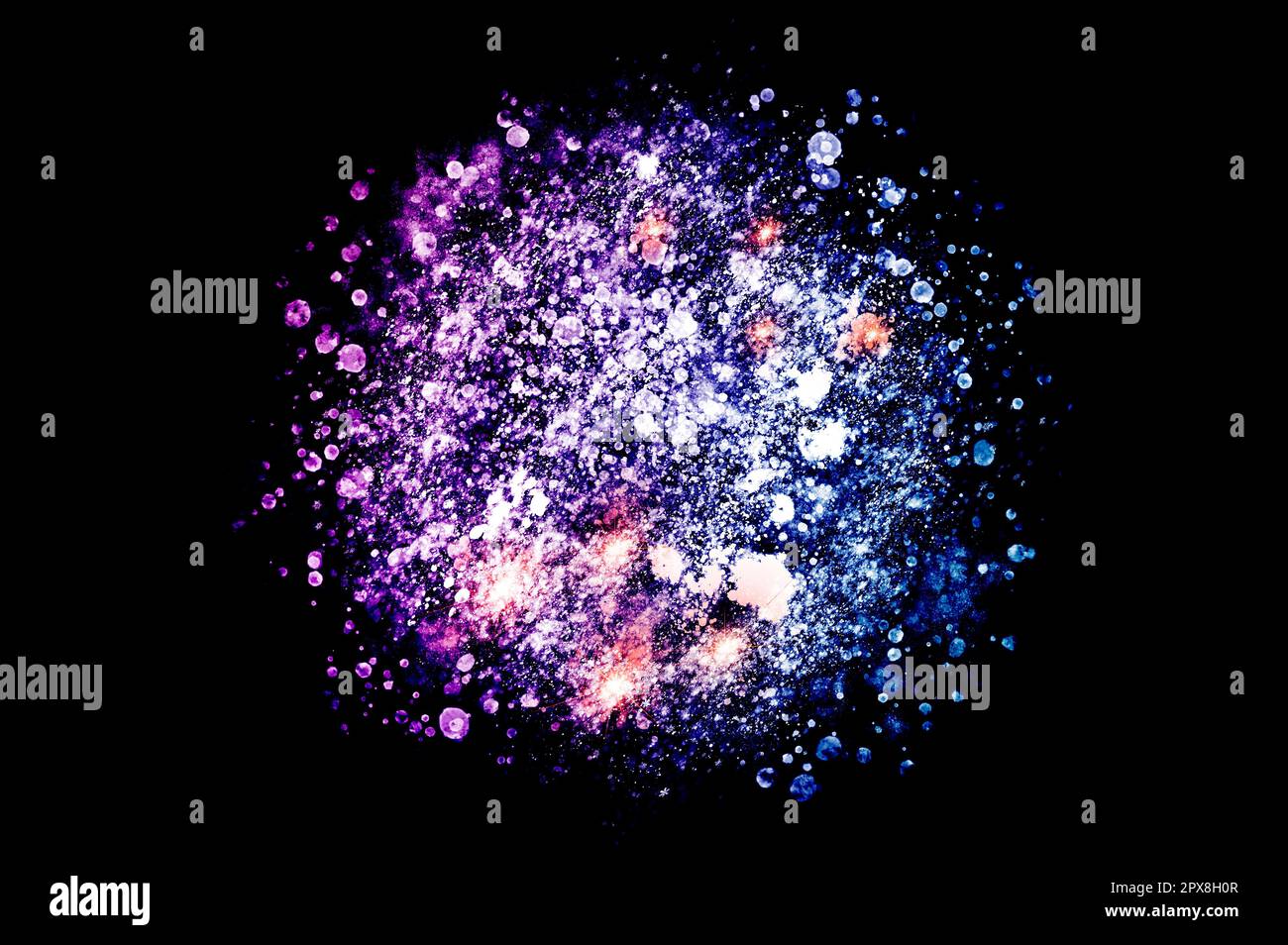 Acquerello multicolore splash blot punti colorati su uno sfondo nero Foto Stock