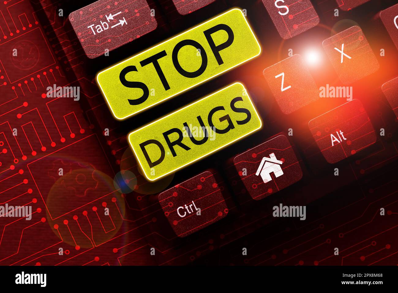 Testo scritto a mano Stop Drugs, Business Overview porre fine alla dipendenza da sostanze come eroina o cocaina Foto Stock