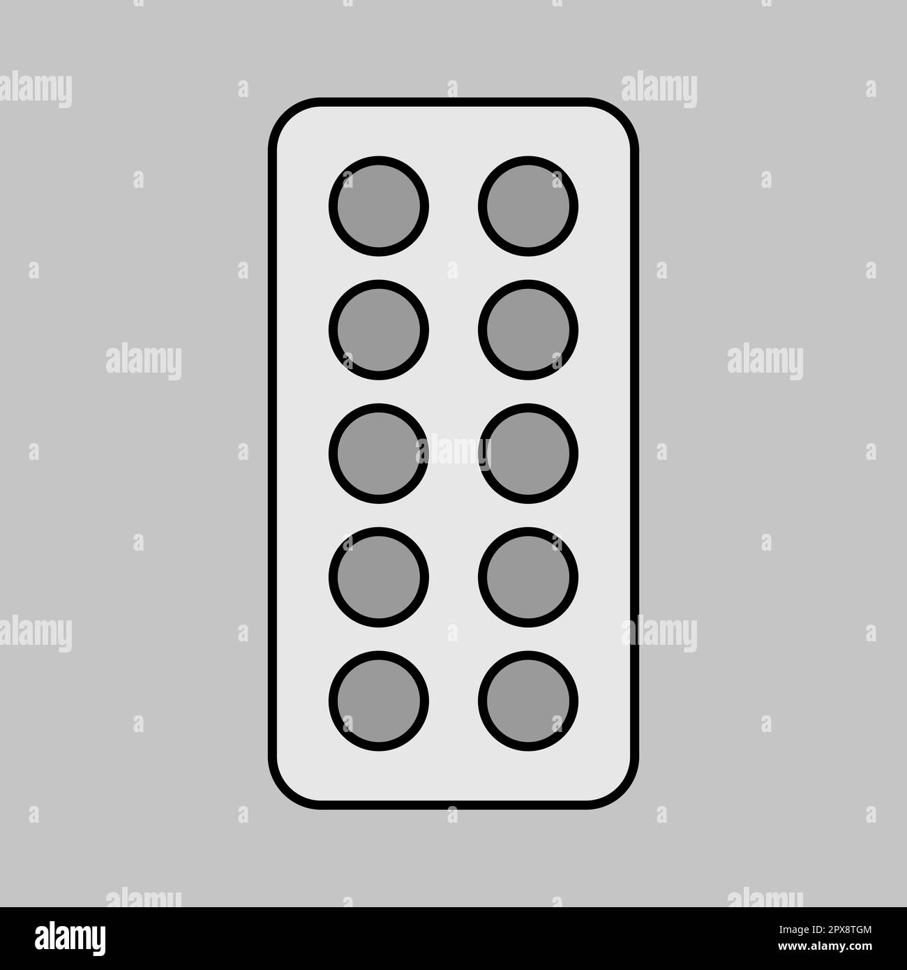 Icona della scala di grigi vettoriale della striscia delle pillole. Medicina e assistenza sanitaria, cartello di supporto medico. Simbolo grafico per il sito Web medico e il design, il logo, l'app e l'interfaccia utente Foto Stock