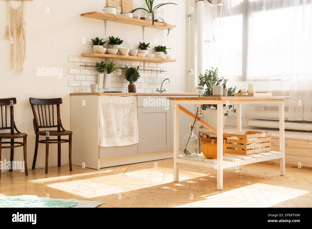 Elegante open space scandinavo con accessori da cucina e piante Foto stock  - Alamy