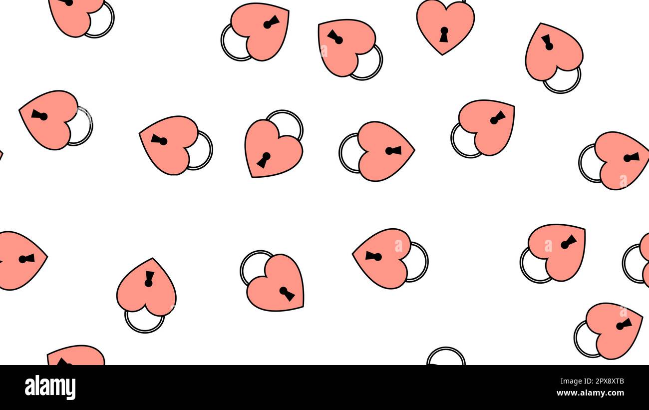 Texture motivo senza cuciture di serrature piatte a forma di cuori, oggetti d'amore per la festa dell'amore San Valentino 14 febbraio o 8 marzo su una schiena bianca Illustrazione Vettoriale