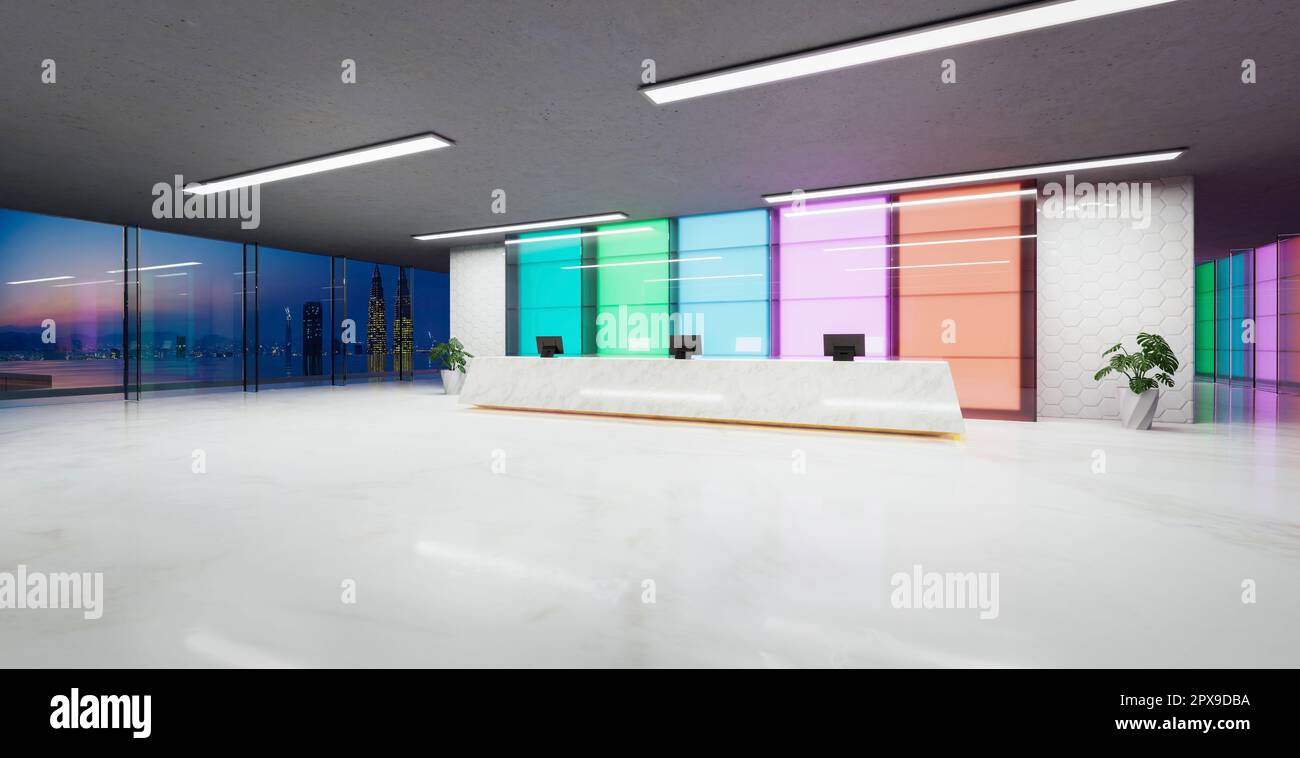 Lobby del ricevimento con pareti in vetro sfumato di colore moderno. Rendering 3D realistico Foto Stock