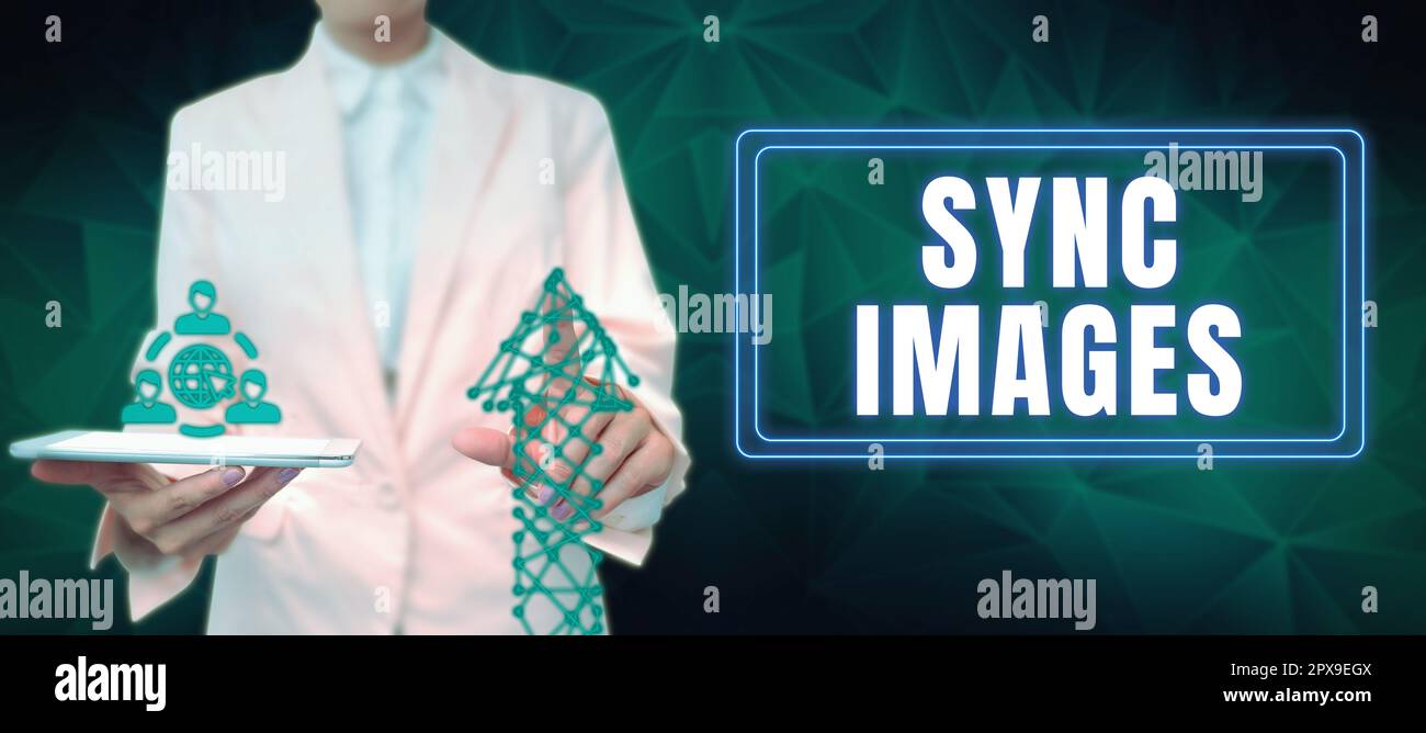 Testo che mostra Inspiration Sync Images, concetto che significa rendere le foto identiche in tutti i dispositivi accessibili ovunque Foto Stock