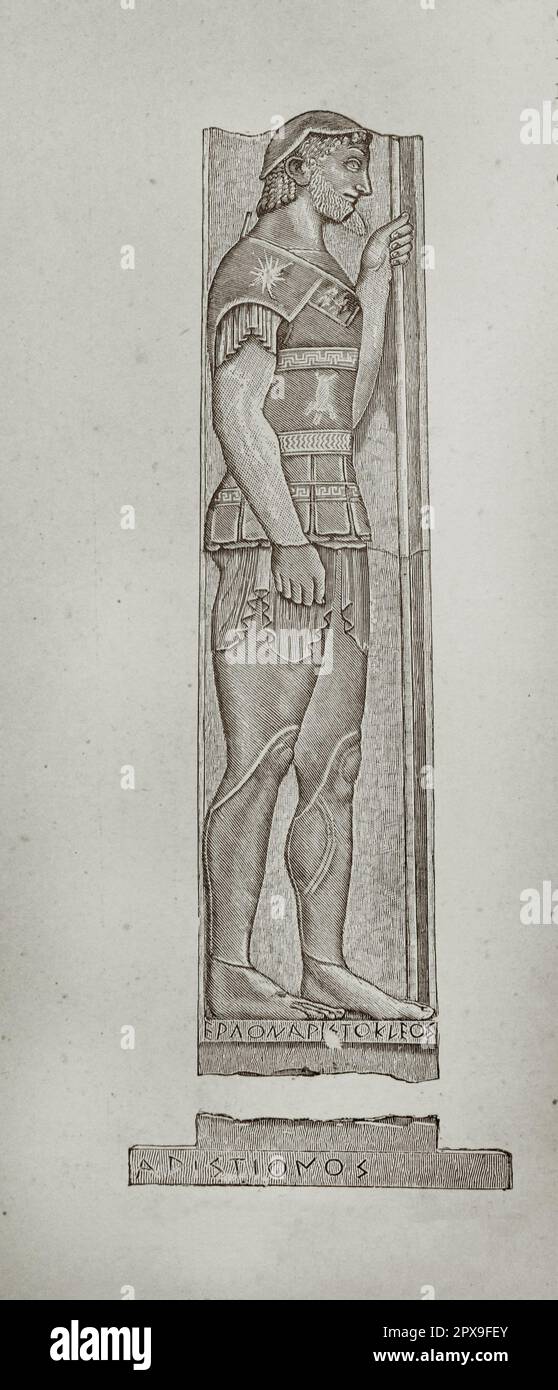 Illustrazione vintage di Stele d'Aristion. La Stele d'Arision risale al 510 a.C. circa. È stato creato dallo scultore Aristokles in marmo pentelico e presenta tracce di policromo. E 'stato trovato a Velanideza vicino Marathon in Attica. Foto Stock