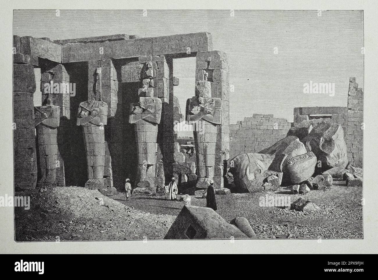 Illustrazione vintage del Ramesseum. Il Ramesseum è il tempio commemorativo (o tempio mortuario) del faraone Ramesse II ('Ramesse il Grande', anche scritto 'Ramses' e 'Rameses'). Si trova nella necropoli di Theban, nell'Alto Egitto, a ovest del fiume Nilo, di fronte alla moderna città di Luxor. Fu originariamente chiamata la Casa di milioni di anni di Usermaatra-setepenra che si unisce a Tebe-la-città nel dominio di Amon. Usermaatra-setepenra era il prenome di Ramesses II Foto Stock Illustrazione vintage del Ramesseum. Il Ramesseum è il tempio commemorativo (o tempio mortuario) del faraone Ramesse II ('Ramesse il Grande', anche scritto 'Ramses' e 'Rameses'). Si trova nella necropoli di Theban, nell'Alto Egitto, a ovest del fiume Nilo, di fronte alla moderna città di Luxor. Fu originariamente chiamata la Casa di milioni di anni di Usermaatra-setepenra che si unisce a Tebe-la-città nel dominio di Amon. Usermaatra-setepenra era il prenome di Ramesses II Foto Stock