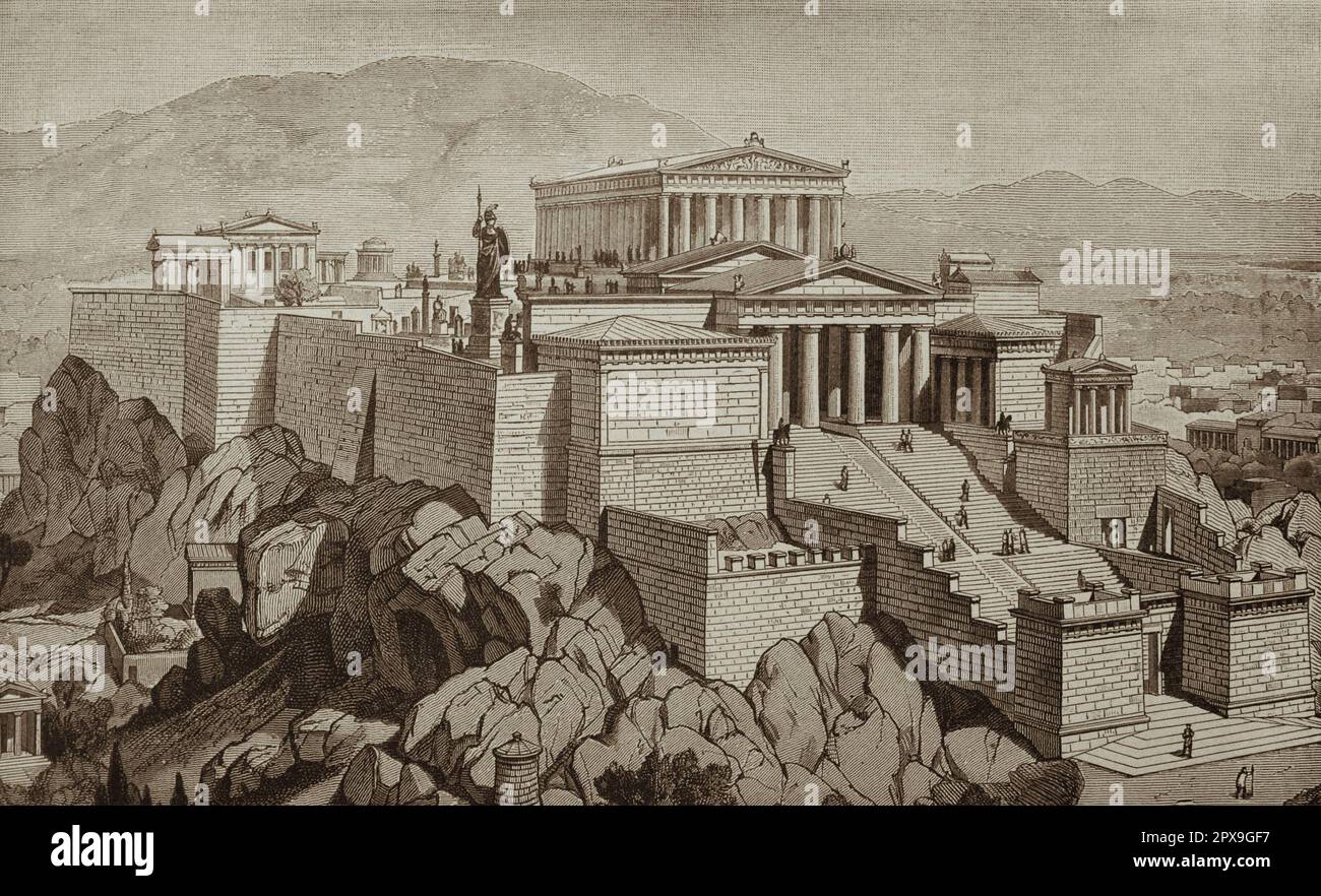 Illustrazione vintage della vista restaurata dell'Acropoli. Fine 19th ° secolo. Foto Stock