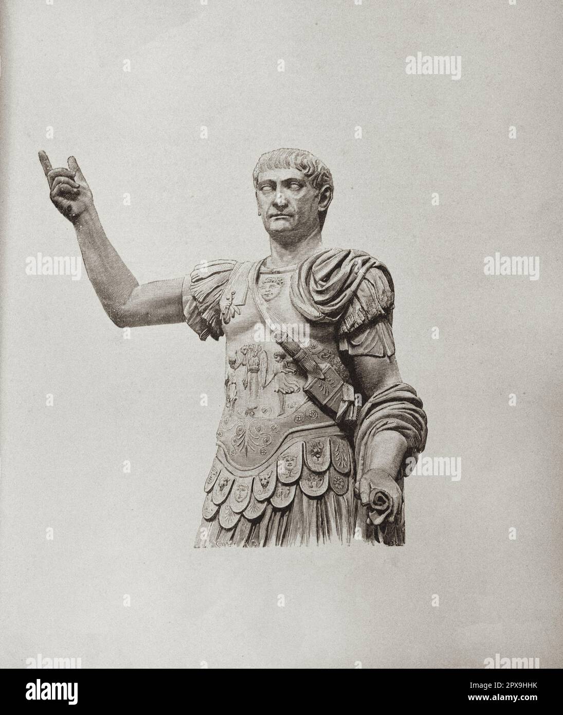 Illustrazione vintage di Traiano, 'il Palladio', statua di marmo bianco, fine 1st ° secolo d.C. Traiano (latino: Cesare Nerva Trajanus; 53–117) fu imperatore romano dal 98 al 117. Ufficialmente dichiarato dal senato optimus Princeps ('miglior regnante'), Traiano viene ricordato come un soldato-imperatore di successo che presiedeva una delle più grandi espansioni militari della storia romana e portò l'impero a raggiungere la sua massima estensione territoriale al momento della sua morte. Foto Stock