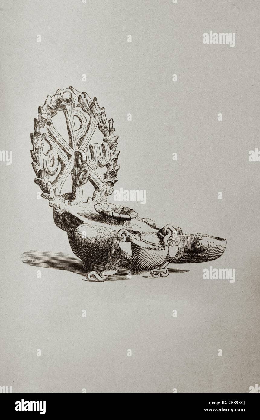 Illustrazione vintage della lampada ad olio dei primi secoli del cristianesimo. Italia Foto Stock