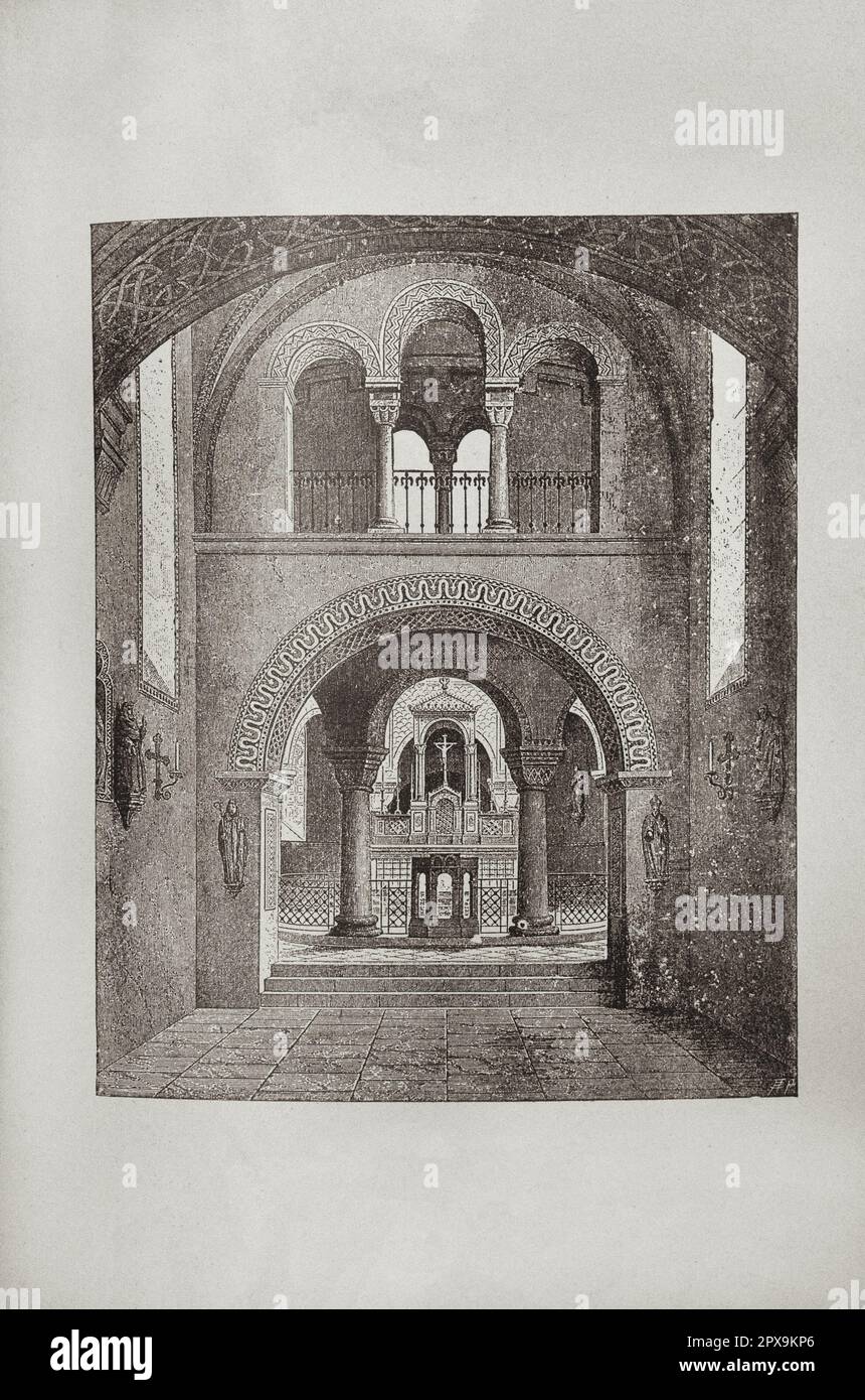 Illustrazione vintage di St. Chiesa di Michele a Fulda. Germania St La Chiesa di Michele (in tedesco: Michaelskirche) a Fulda, Assia, è considerata la più antica replica della Chiesa del Santo Sepolcro in Germania, costruita in stile architettonico carolingio (pre-romanico) per conto dell'abate Eigil negli anni (820 – 822). Foto Stock