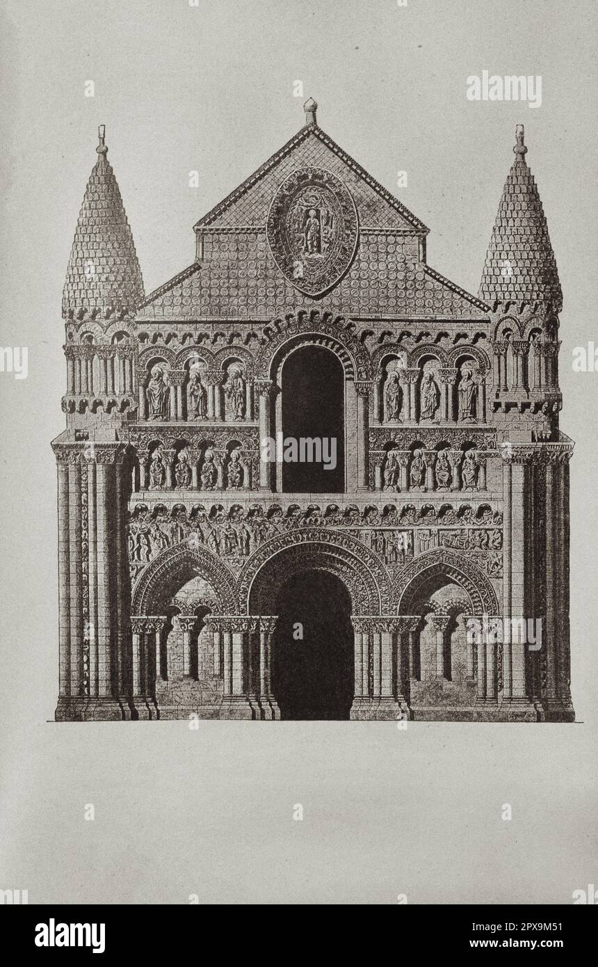 Illustrazione vintage di Église Notre-Dame la Grande (Chiesa di Notre-Dame la Grande) a Poitiers. France Notre-Dame la Grande è una chiesa cattolica romana situata a Poitiers, in Francia. Con un doppio status, collegiale e parrocchiale, fa parte della diocesi cattolica di Poitiers. Il fronte ovest adornato con statuaria è riconosciuto come un capolavoro di arte religiosa romanica Le pareti all'interno della chiesa sono dipinte. Foto Stock