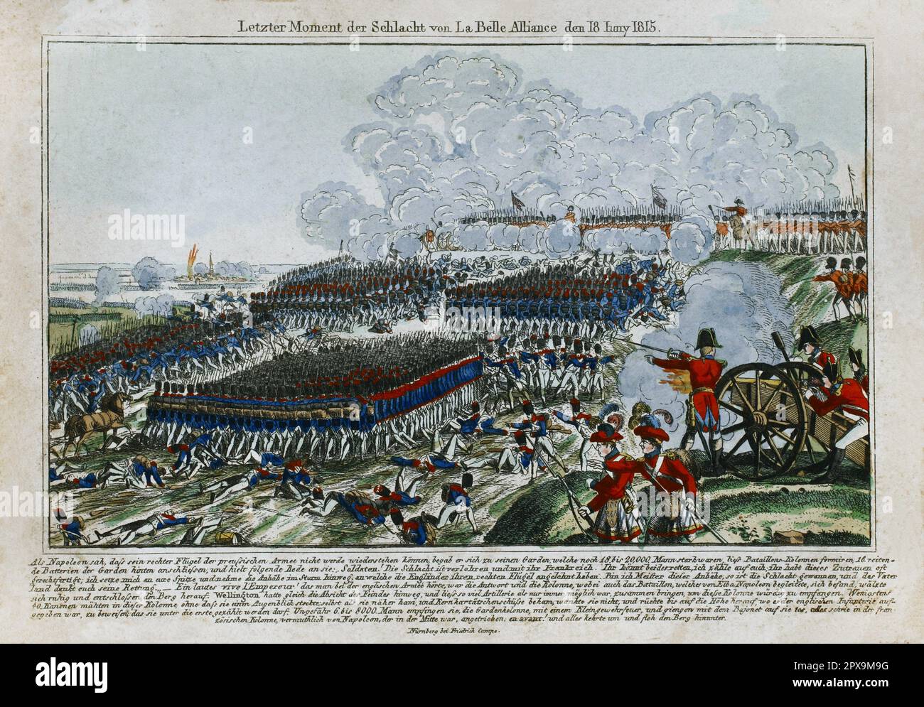 Litografia vintage a colori dell'ultimo momento della Battaglia di la Belle Alliance (Battaglia di Waterloo), 18 giugno 1815. 1815 Foto Stock