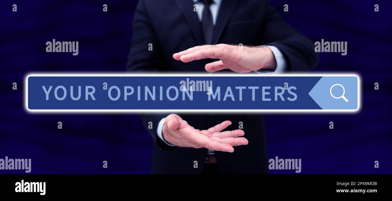 Segno di testo che mostra la vostra opinione conta, parola per avere la vostra opinione che fornisce un input prezioso per migliorare Foto Stock