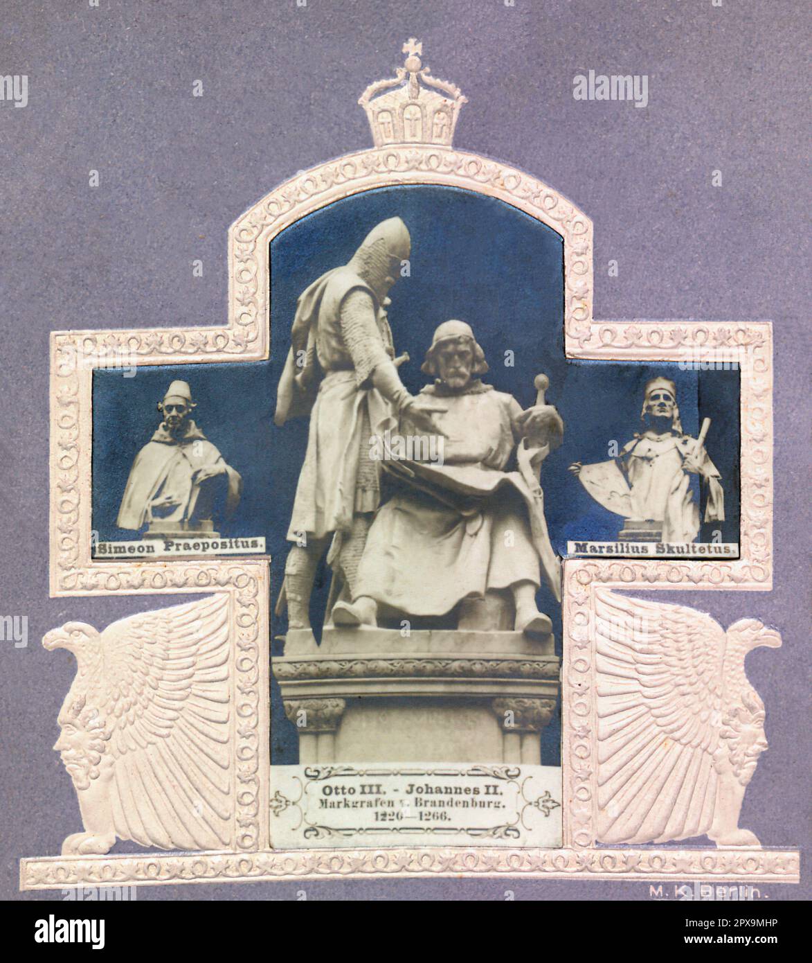 Illustrazione vintage di otto III, Johannes II, Markgrafen von Brandenburg, 1220-1266, 1910 otto III, Soprannominato il pio (1215 – 1267) fu Margravio di Brandeburgo insieme al fratello maggiore Giovanni i fino alla morte di Giovanni nel 1266. Otto III allora regnò da solo, fino alla sua morte, l'anno seguente. Il regno di queste due tombe ascaniche fu caratterizzato da un'espansione del margraviato, che annesse le restanti parti di Teltow e Barnim, il marchio Uckermark, la signoria di Stargard, la terra di Lubusz e parti del Neumark ad est dell'Oder. Consolidarono la posizione del Brandeburgo all'interno della H. Foto Stock