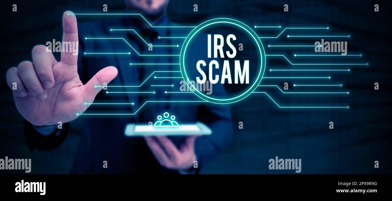 Didascalia di testo che presenta IRS truffa, parola per i contribuenti mirati fingendo di essere Internal Revenue Service Foto Stock