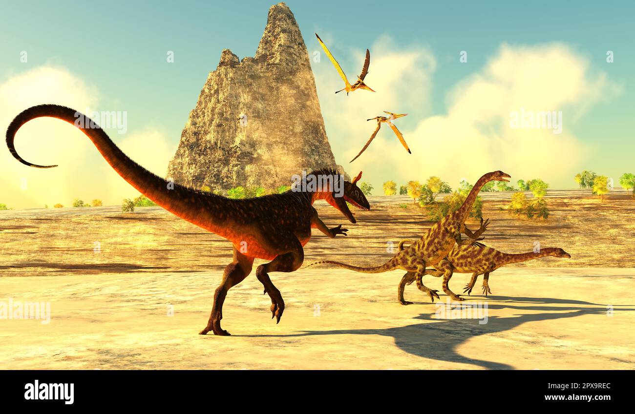 Anchisaurus dinosauri corrono da un attaccante teropodo Cryolophosaurus predator come Pteranodon pterosaurs volare sopra. Foto Stock