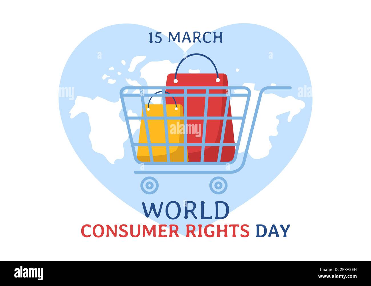 Illustrazione della Giornata mondiale dei diritti dei consumatori con shopping, borse e esigenze dei consumatori per banner Web o landing page in modelli cartoon piano disegnati a mano Foto Stock