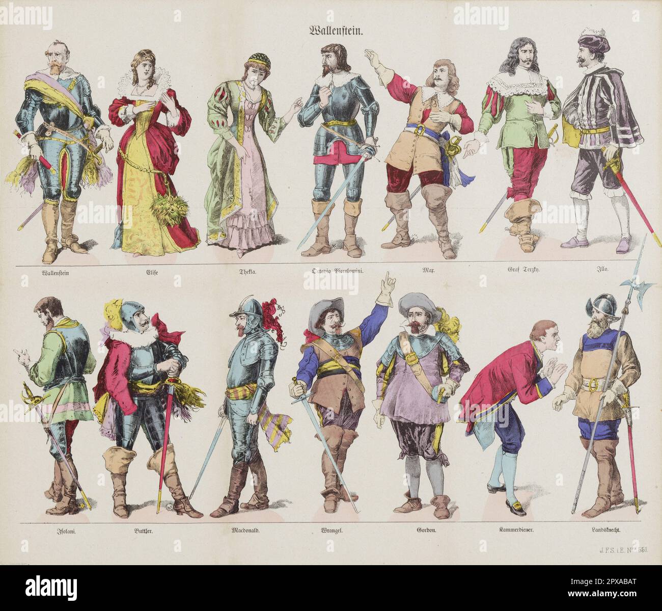 Сolor litografia della trilogia di drammi Wallenstein dell'autore tedesco Friedrich Schiller, 1899 Wallenstein è la denominazione popolare di una trilogia di drammi dell'autore tedesco Friedrich Schiller. Si tratta dei giochi del campo di Wallenstein (Wallensteins Lager), un lungo prologo, i Piccolomini (Die Piccolomini), e la morte di Wallenstein (Wallensteins Tod). Completò la trilogia nel 1799. In questo dramma, Schiller affronta il declino del famoso generale Albrecht von Wallenstein, basandolo liberamente sugli eventi storici reali durante la Guerra dei Trent'anni. Wallenstein fallisce al culmine del suo Foto Stock