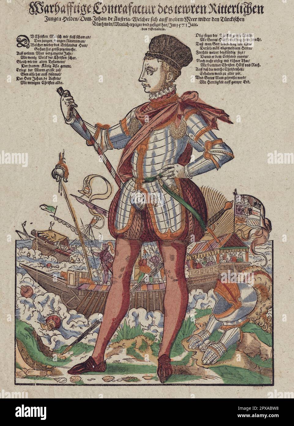 Incisione di Giovanni d'Austria. 1571 Giovanni d'Austria (spagnolo: Juan, 1547 – 1578) era un figlio illegittimo dell'imperatore del Sacro Romano Impero Carlo V. divenne un capo militare al servizio del suo fratellastro, re Filippo II di Spagna, ed è meglio conosciuto per il suo ruolo di ammiraglio della flotta della Santa Alleanza nella Battaglia di Lepanto. Foto Stock