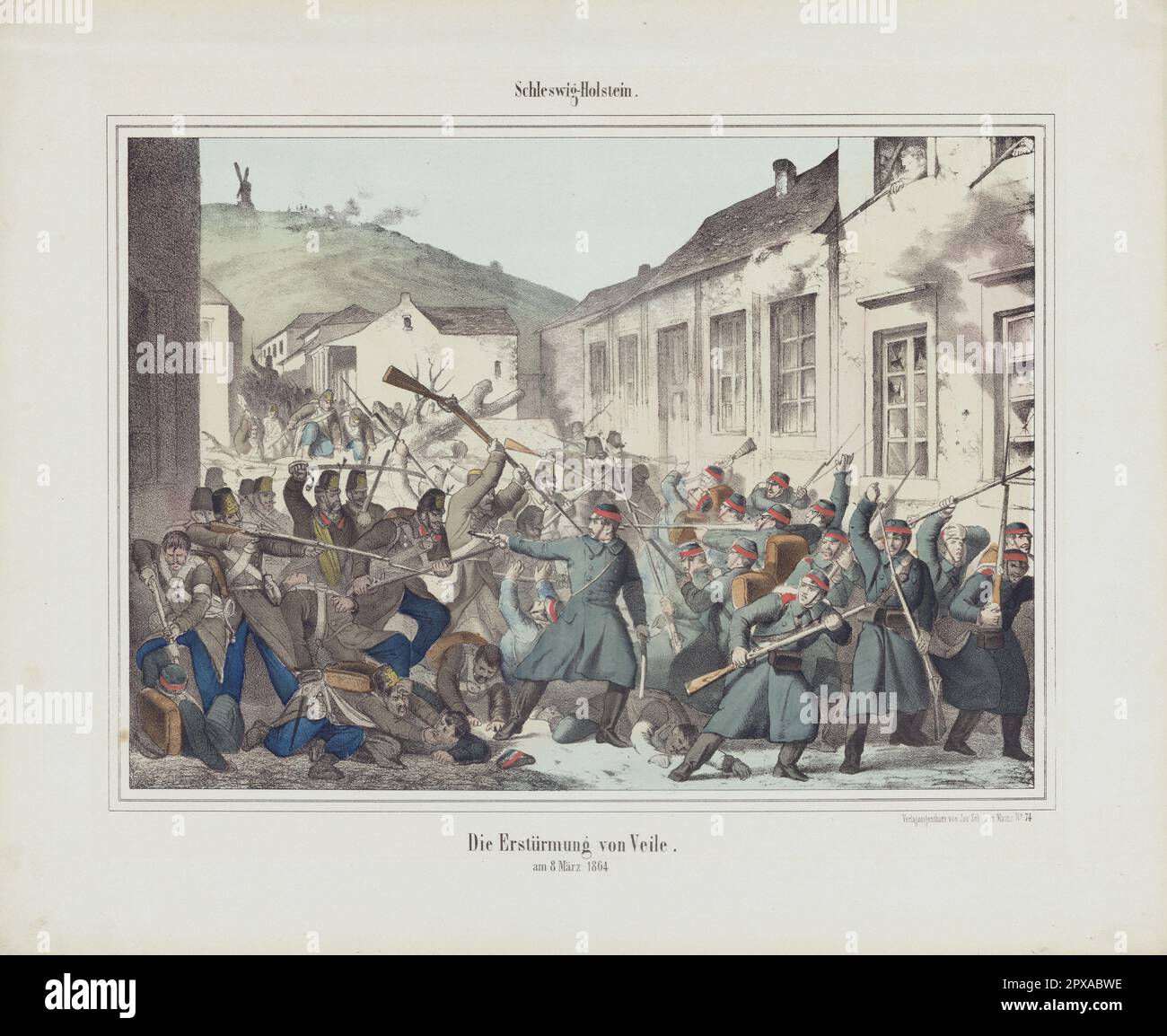 Сolor litografia dell'attacco di Veile. Il 8 marzo 1864 la seconda guerra dello Schleswig (danese: Krigen i 1864; tedesca: Deutsch-Dänischer Krieg) anche nota come la guerra Dano-Prussiana o guerra Prusso-Danese fu il secondo conflitto militare sulla questione Schleswig-Holstein del XIX secolo. Foto Stock