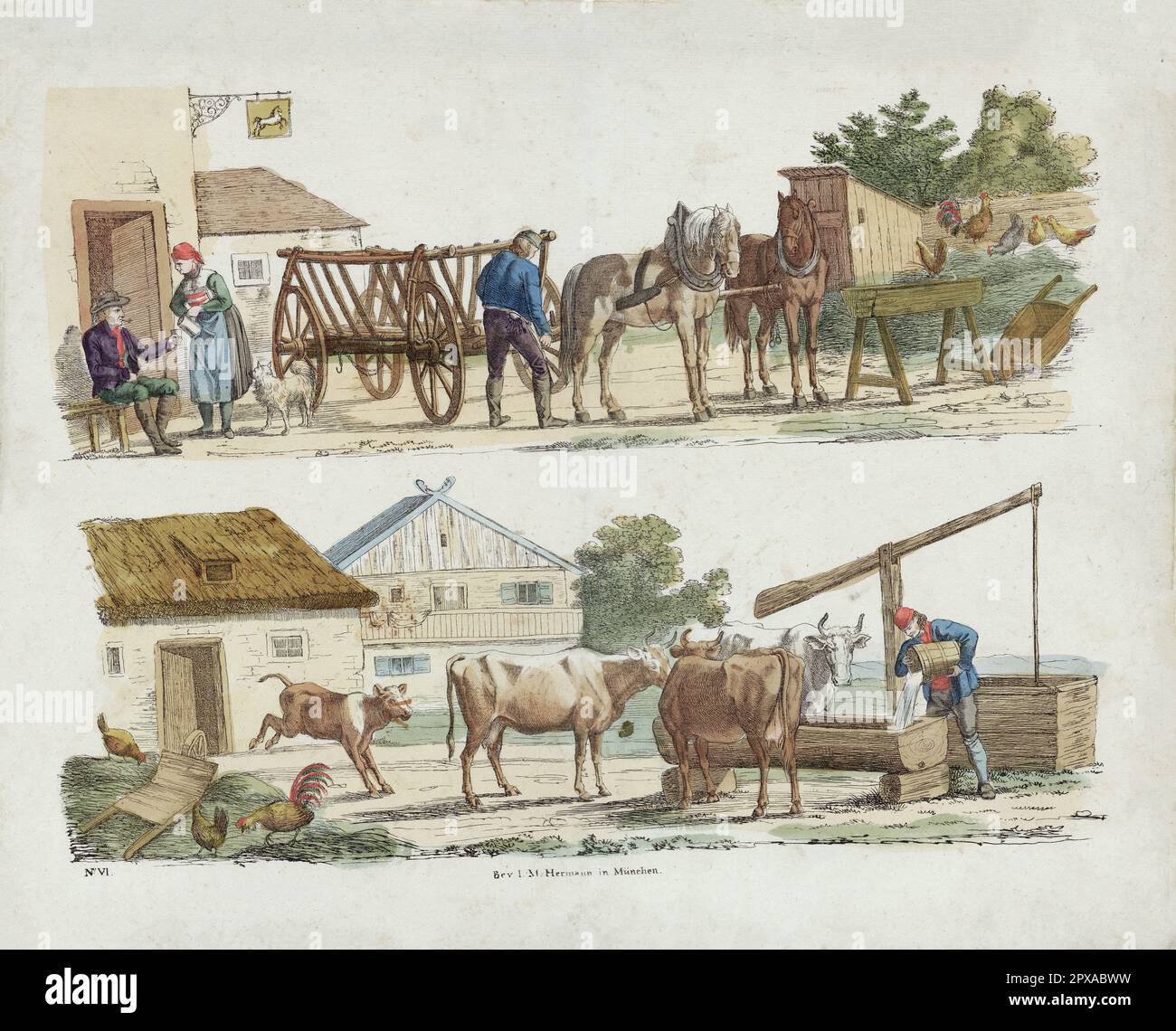 Litografia Сolor sulla vita contadina (vita rurale) nella Germania del Sud, 1830 Foto Stock