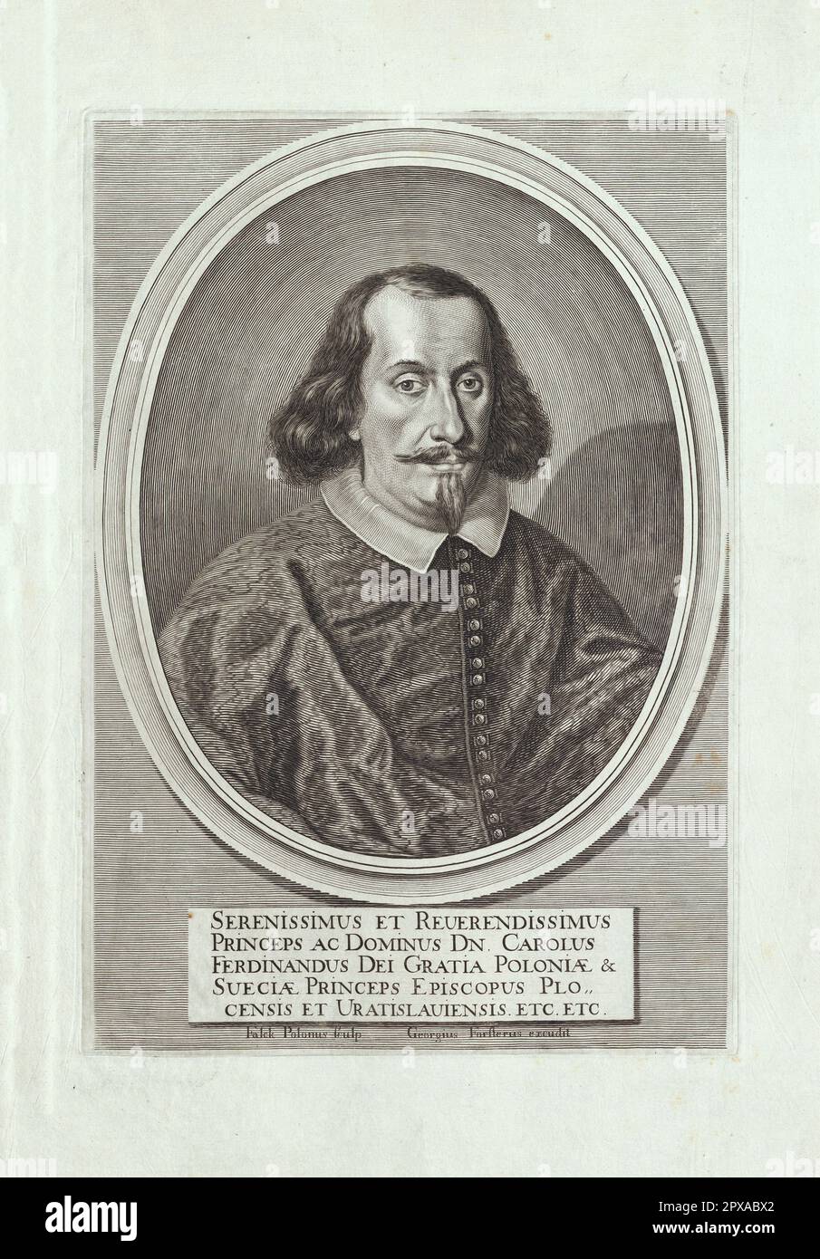 Ritratto inciso di Karol Ferdynand Vasa. 1650 Carlo Ferdinando Vasa (in polacco: Karol Ferdynand Waza; 1613 – 1655) è stato un principe polacco, sacerdote, vescovo di Wrocław dal 1625, vescovo di Płock dal 1640 e duca di Opole dal 1648 al 1655. Foto Stock