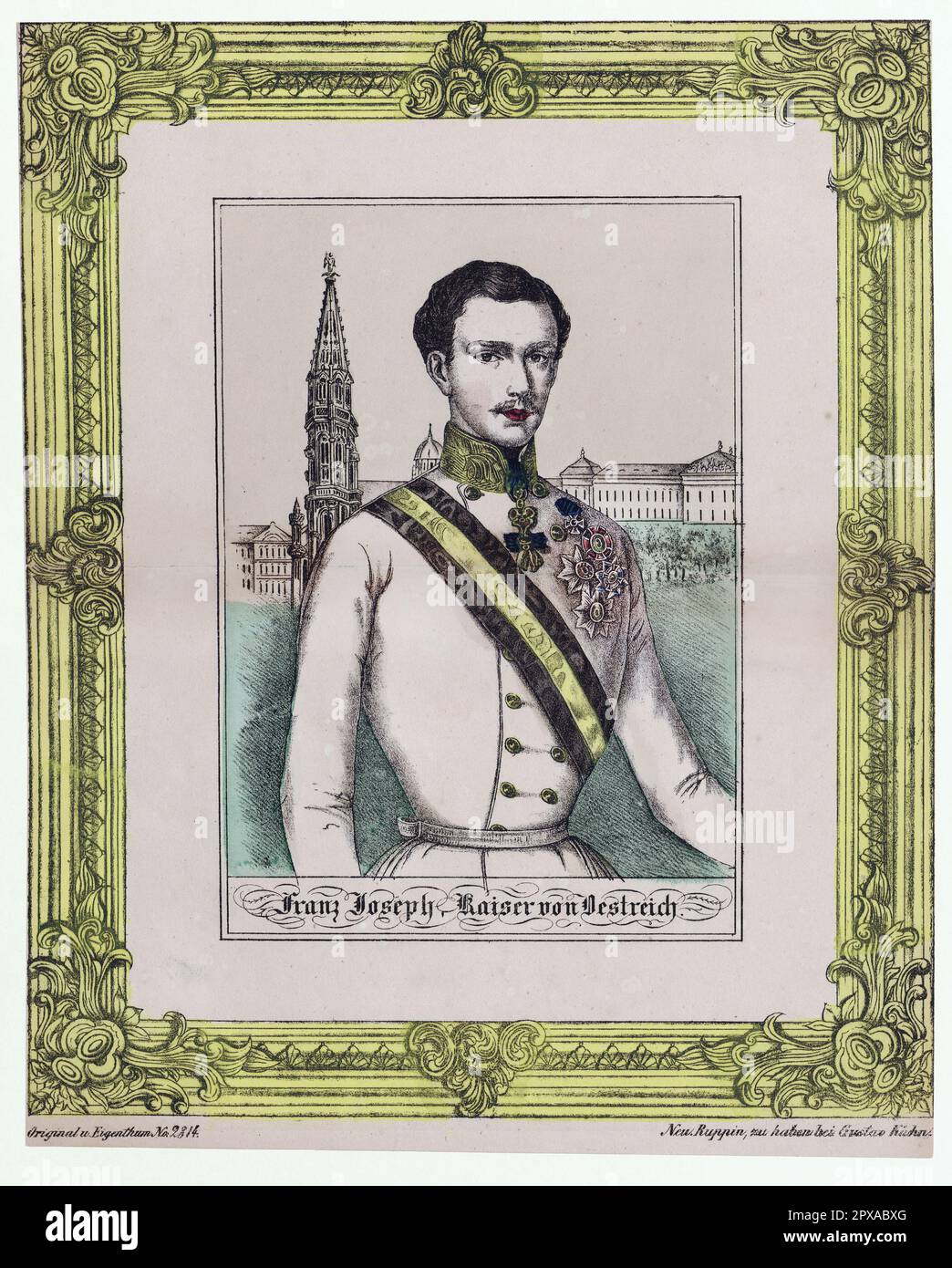 Сolor litografia del giovane Francesco Giuseppe i d'Austria, 1855 Franz Giuseppe i o Francesco Giuseppe i (1830 – 1916) fu imperatore d'Austria, re d'Ungheria, Croazia e Boemia, e monarca di altri stati dell'Impero Austro-Ungarico, dal 2 dicembre 1848 fino alla sua morte. Foto Stock