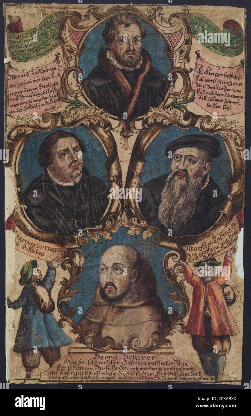 Incisione di Paulus Speratus, Martinus Lutherus, Martin Lodinger von Gastein, Georg Schärer: (Quattro medaglioni di Ritratto). 1731 Paul Speratus (1484–1551) è stato un sacerdote cattolico svevo che divenne predicatore, riformatore e inno-scrittore protestante. Nel 1523 aiutò Martin Lutero a creare il primo inno luterano, pubblicato nel 1524 e chiamato Achtliederbuch. Martin Lutero (1483 – 1546) è stato un professore tedesco di teologia, sacerdote, autore, compositore, ex monaco agostiniano ed è meglio conosciuto come una figura seminale nella riforma protestante e come il nome del luteranesimo. Georg Scherer (1540–1605 Foto Stock