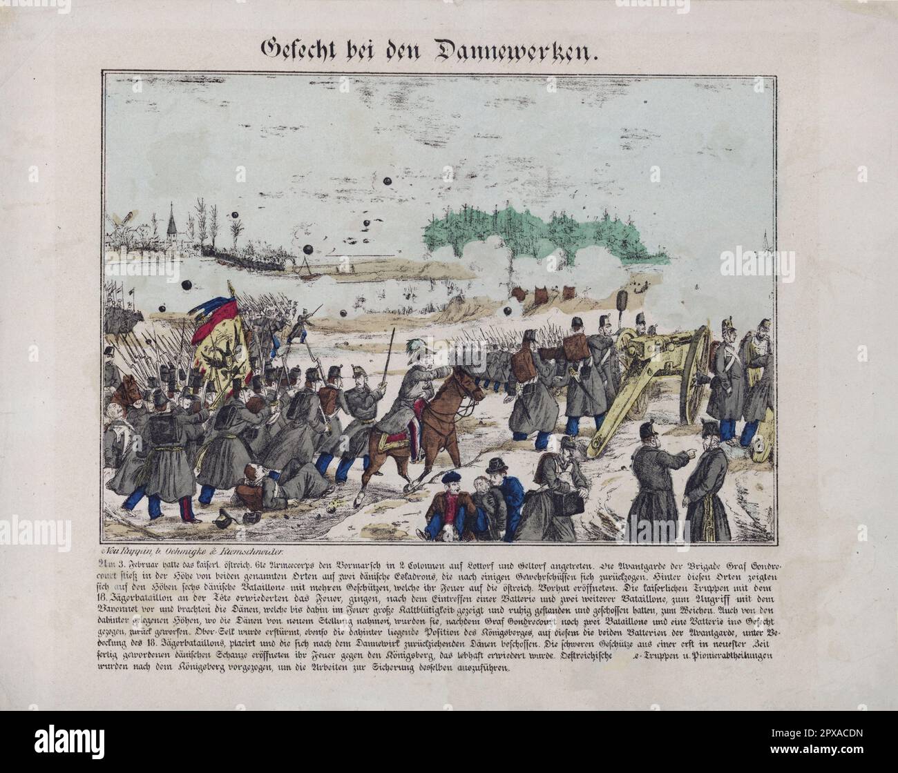 Incisione tedesca della battaglia al Danewerken, 1864 la seconda guerra dello Schleswig (danese: Krigen i 1864; tedesca: Deutsch-Dänischer Krieg) anche nota come guerra Dano-Prussiana o guerra Prusso-Danese fu il secondo conflitto militare sulla questione Schleswig-Holstein del XIX secolo. Foto Stock