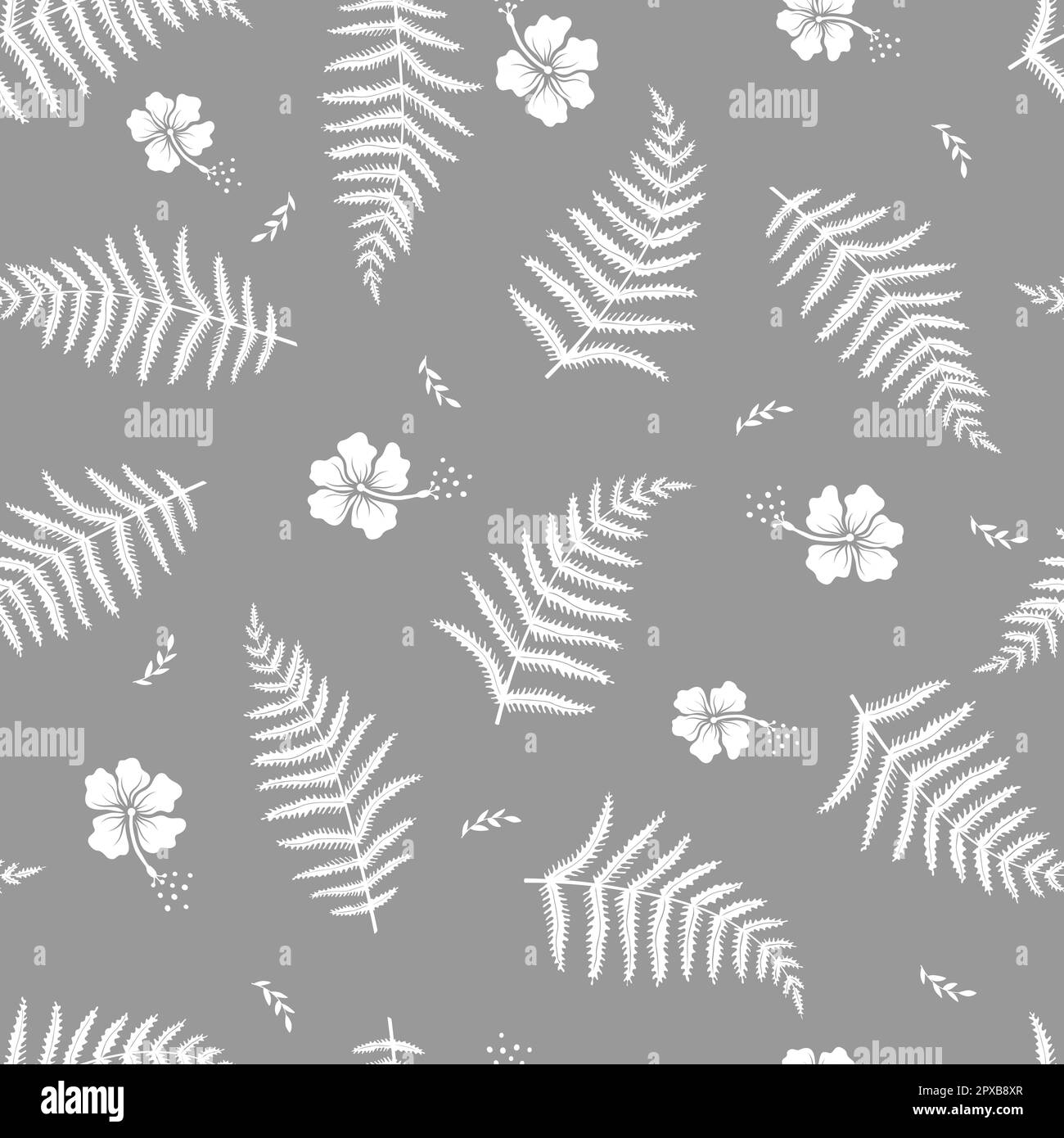 Motivo senza cuciture con fiori di ibisco e foglie di felce. Illustrazione Vettoriale